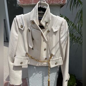 Dolce & Gabbana Cream Cropped Military-Style Jacket with Gold Chain Detail